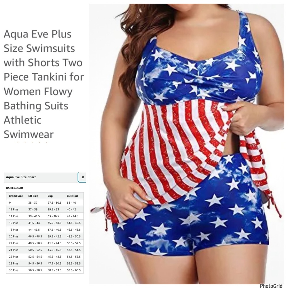 Aqua Eve 22W plus size USA American flag Tankini swimsuit NWT